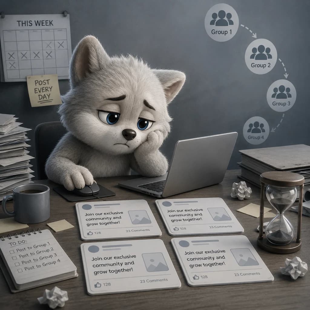 Buddy เหนื่อยกับการโพสต์ซ้ำหลายกลุ่ม · TO DO Post to Group 1-4 + POST EVERY DAY