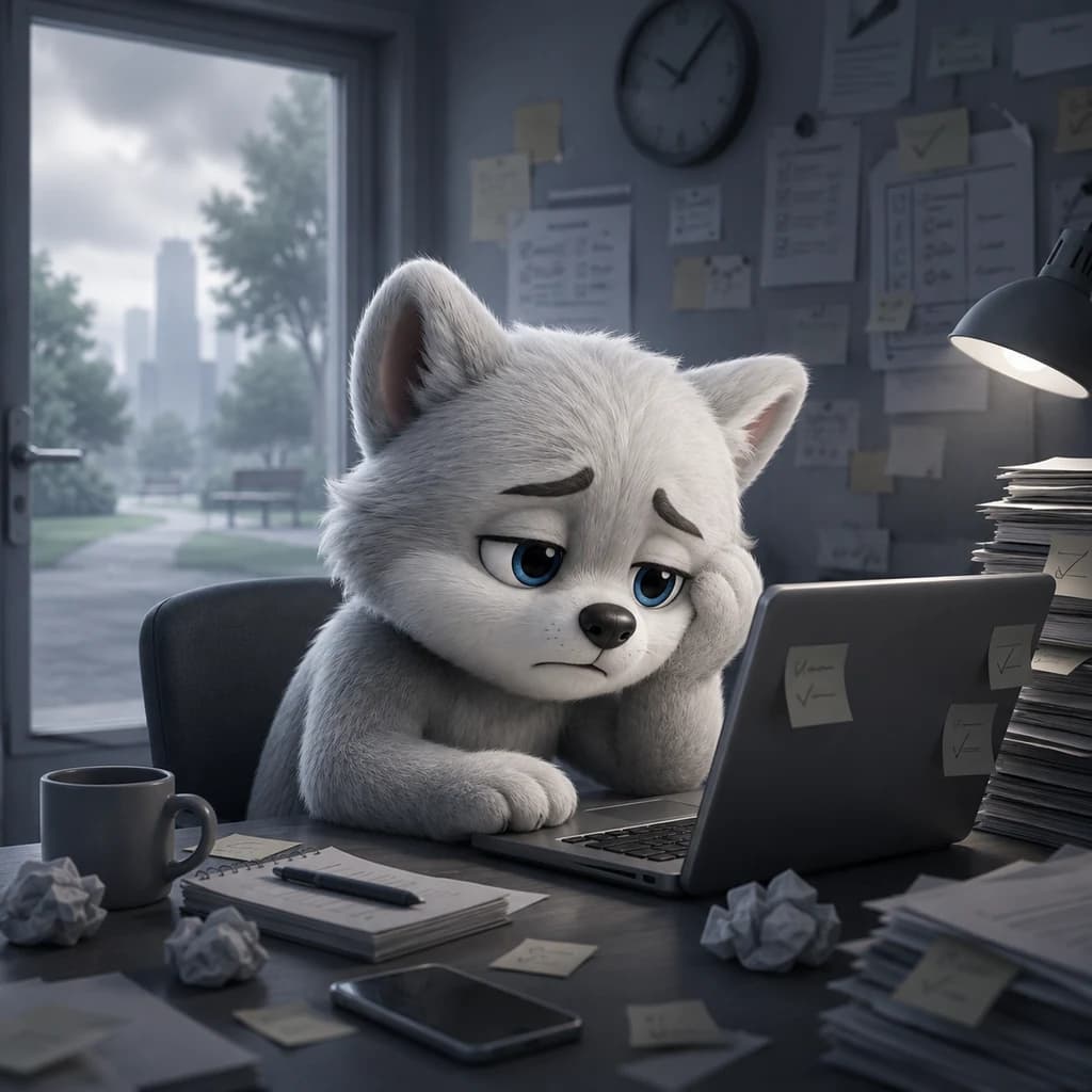 Buddy เหนื่อยล้านั่งหน้าคอม · post-it เต็มผนัง · บรรยากาศมืดมน